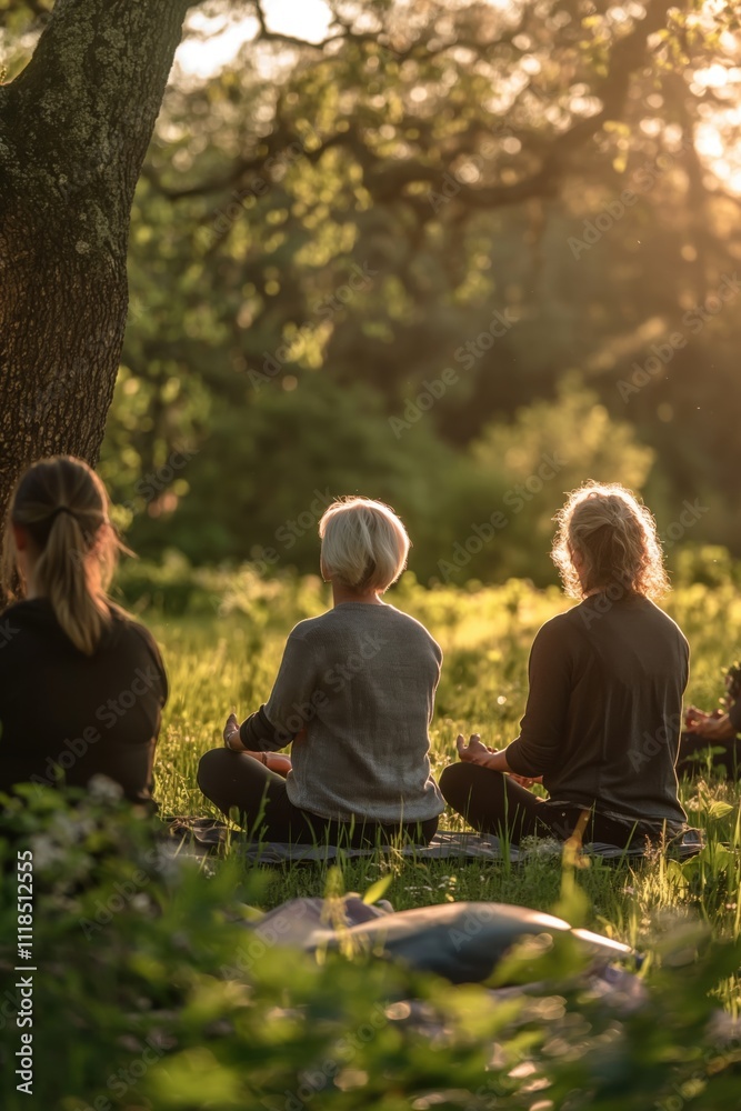 Mindfulness meditation retreat group in serene nature setting peaceful environment