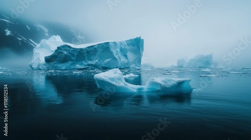 Wide shot of icebergs floating in the ocean near an alpine mountain in foggy weather photo