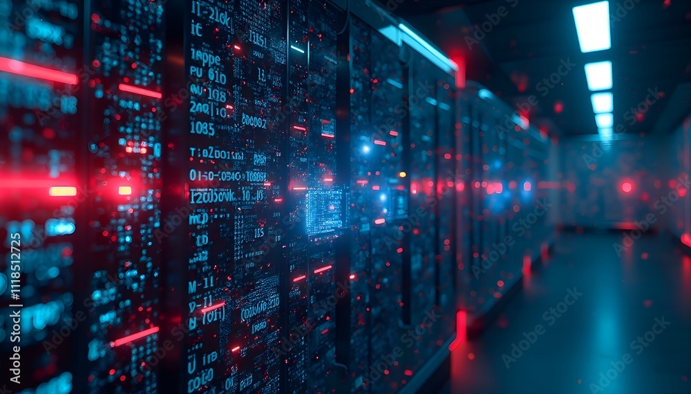 High-tech data center illuminated with red and blue lights in a modern facility High-tech data center illuminated with red and blue lights in a modern facility