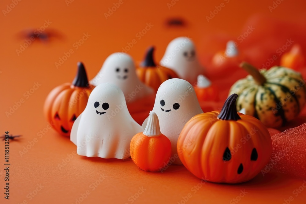 Festive Halloween: Spooky Ghosts and a Playful Pumpkin on Orange Background Festive Halloween: Spooky Ghosts and a Playful Pumpkin on Orange Background
