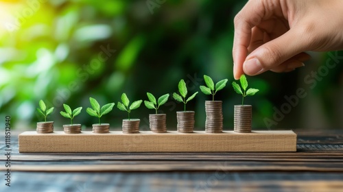 A hand places a leaf on growing stacks of coins, symbolizing financial growth and investment.