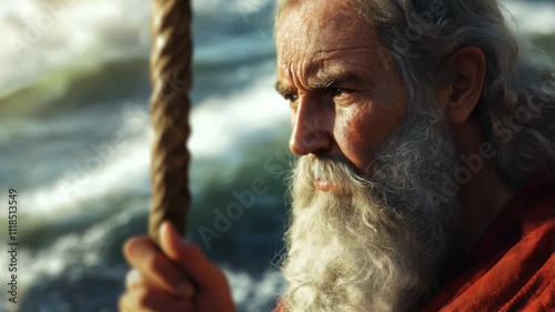 Moses gazes directly at the camera, his face weathered and resolute, holding his staff firmly.
Waters of Red Sea in background.