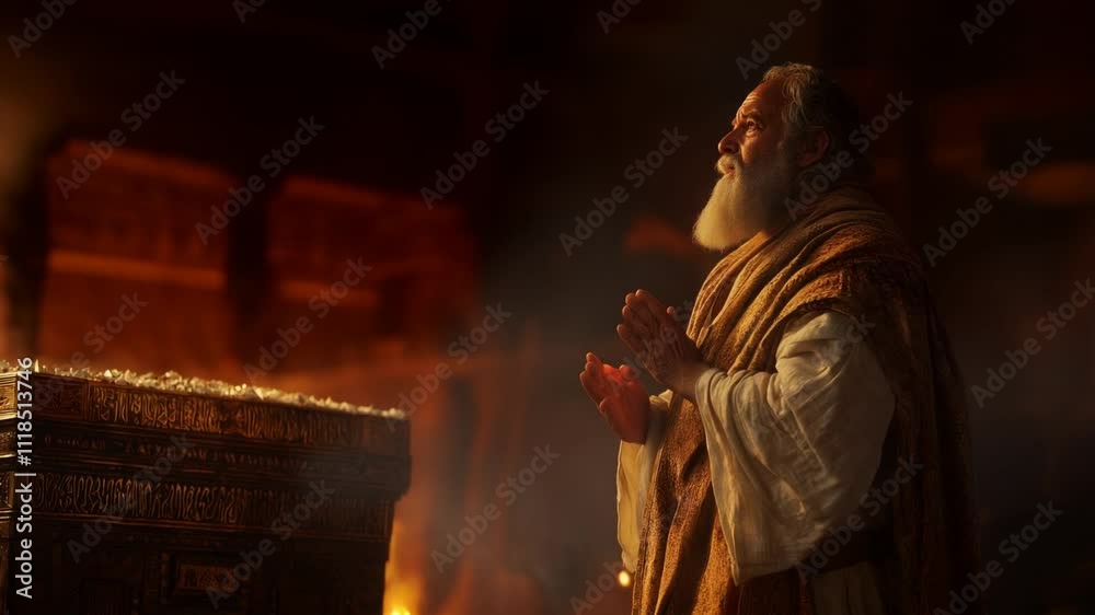Moses standing beside the Ark of the Covenant.