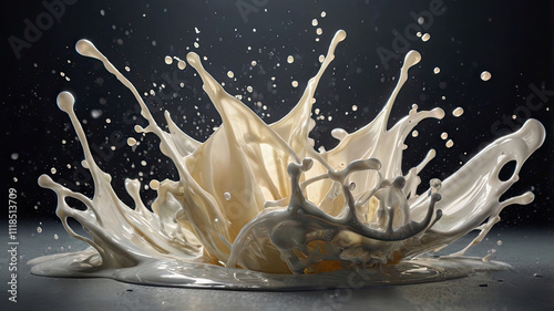 Advertising - product photo of 3D realism, milk splash with milk droplets, inside the splash, white milk people dance and celebrate. all elements from milk photo