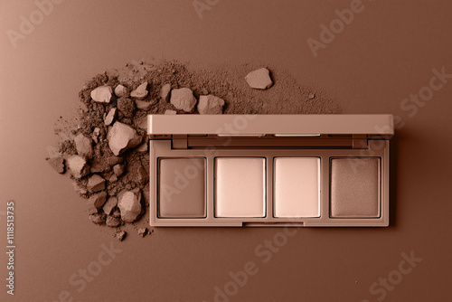 Bright mocha mousse brown eyeshadow palette with artistic pigment arrangement. Modern trendy tone hue shade