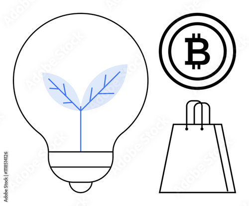 Lightbulb with plant, Bitcoin symbol, and shopping bag represent sustainable innovation, cryptocurrency, and eco-friendly consumerism. Ideal for technology, finance, ecology, sustainability