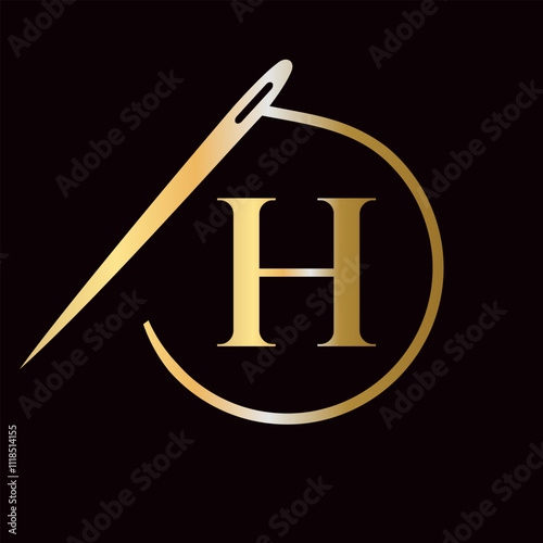 Letter H Tailor Logo, Needle and Thread Logotype for Garment, Embroider, Textile, Fashion, Cloth, Fabric Sign