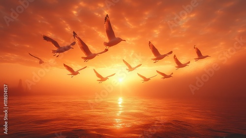 Seagulls flying over ocean at sunset.