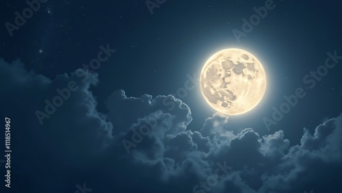 Glowing Full Moon in Night Sky, Ethereal Celestial PNG Image