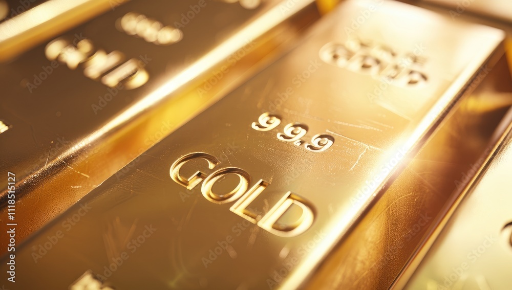 Close-up of gold bars with intricate engravings, reflecting ambient light, symbolizing luxury and stability