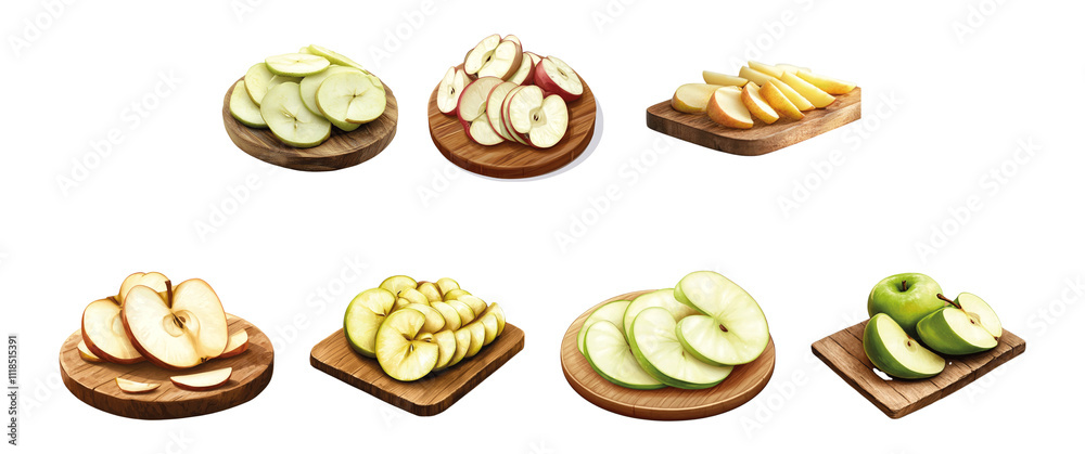 Pack Apple slices on a wooden board against a transparent background for promoting fresh ingredients, healthy eating, or culinary use set