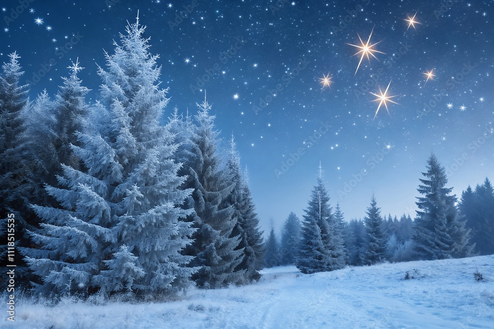 Fototapeta premium winter landscape with trees Merry Christmas Background with Typography, Lettering. Greeting card, banner and poster