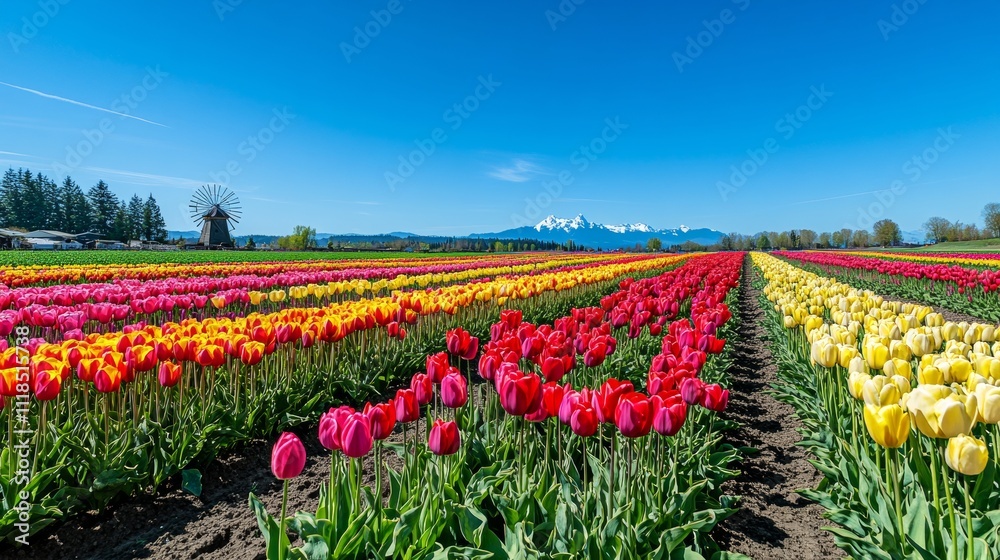 Vibrant Tulip Fields Under a Clear Blue Sky with Snow-Capped Mountains in the Distance Vibrant Tulip Fields Under a Clear Blue Sky with Snow-Capped Mountains in the Distance