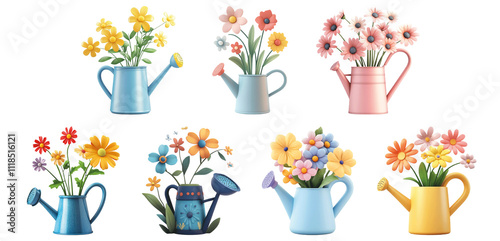 Pack 3d Spring Flowers in a Watering can against transparent background for Gardening or Floral Displays set