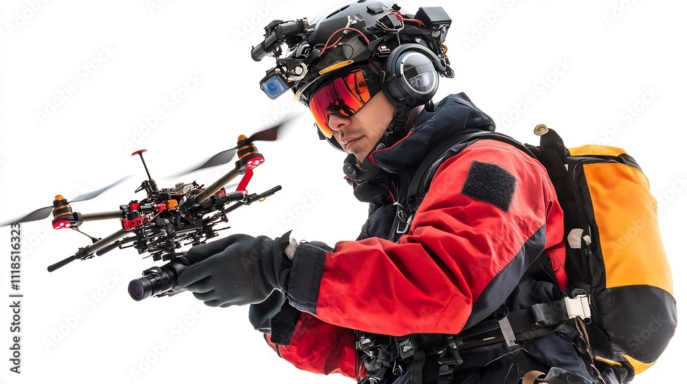 A person in protective gear holding a drone outdoors.