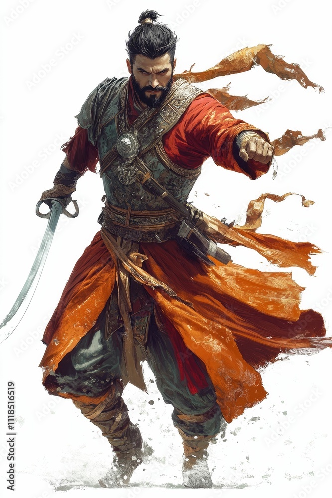 Obraz premium Warrior, flowing robes, sword, determined stance, dynamic pose.