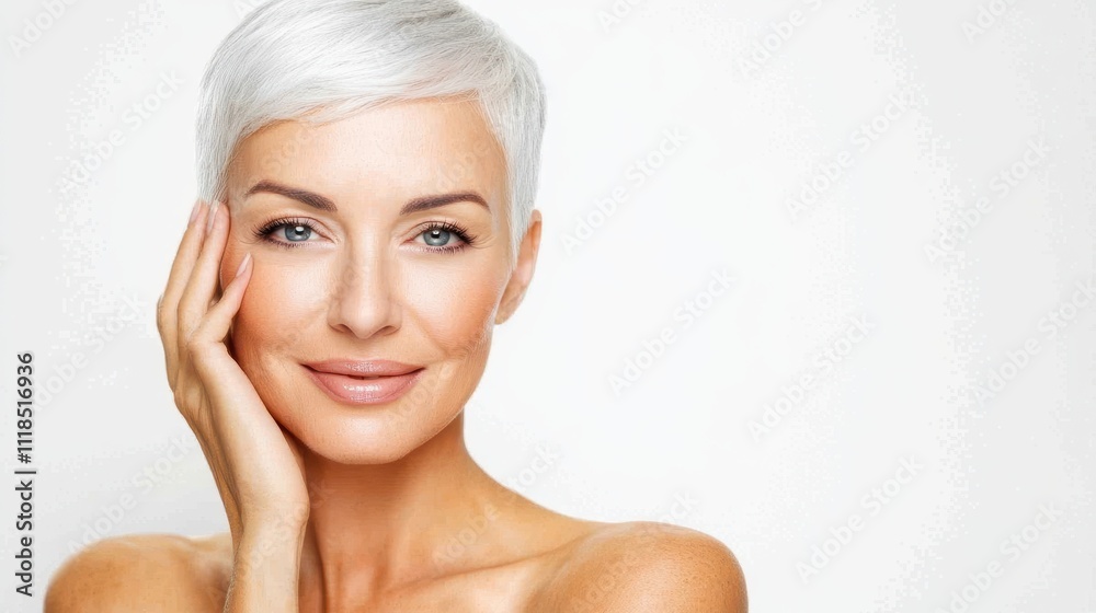 A senior woman with silver hair and radiant skin gently touching her face against a warm beige background, exuding confidence and elegance. A senior woman with silver hair and radiant skin gently touching her face against a warm beige background, exuding confidence and elegance.