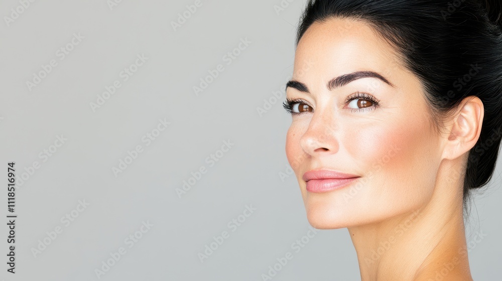 A stylish woman with sleek dark hair in a formal bun, glowing skin, and dramatic makeup against a white background, exuding confidence. A stylish woman with sleek dark hair in a formal bun, glowing skin, and dramatic makeup against a white background, exuding confidence.