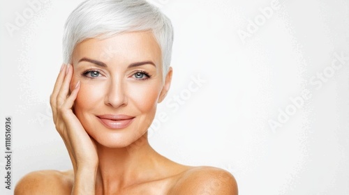 A senior woman with silver hair and radiant skin gently touching her face against a warm beige background, exuding confidence and elegance. photo