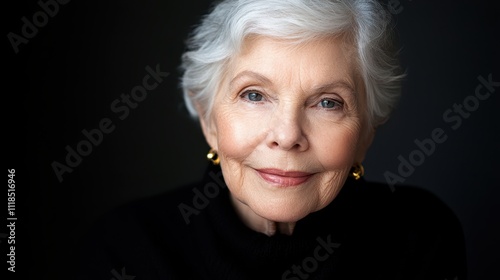 A poised senior woman with short silver hair in a dramatic black outfit against a dark background, exuding sophistication and power.