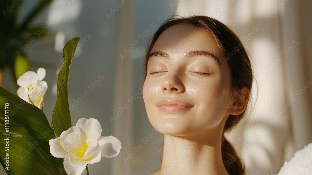 Calm woman basking in sunlight near white orchids Calm woman basking in sunlight near white orchids