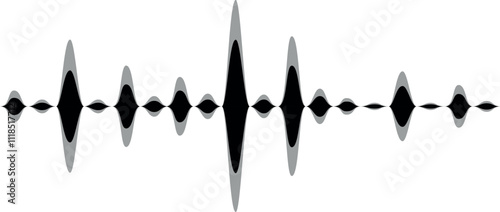 Black and grey sound waves are vibrating on a white background, representing audio frequencies, music waves, radio signals, and digital voice visualization