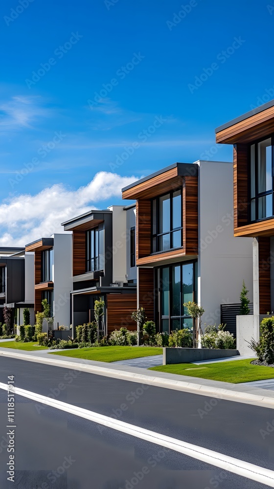 A row of modern New Zealand townhouses on the side of an empty road, with a white and grey asphalt surface A row of modern New Zealand townhouses on the side of an empty road, with a white and grey asphalt surface