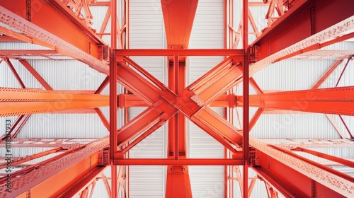 Low angle view of red steel structure beams and white metal roof.