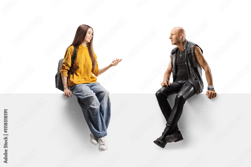 Naklejka premium Female teenager sitting on a panel and talking to a bald punk man