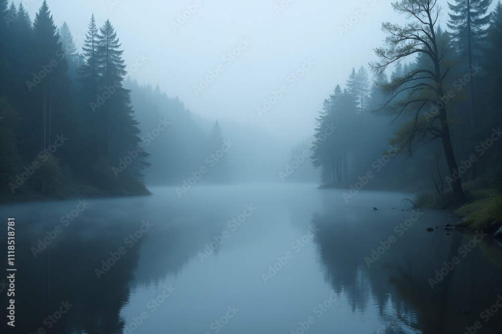 Fototapeta premium A serene, misty lake surrounded by dense forest at dawn, creating a mysterious and tranquil atmosphere with soft light and reflections on the water