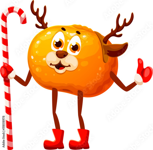 Christmas and new year winter tropical orange fruit character with reindeer antlers holding festive candy cane staff emphasizing wintertime holiday fun. Isolated cartoon vector citrus in deer costume