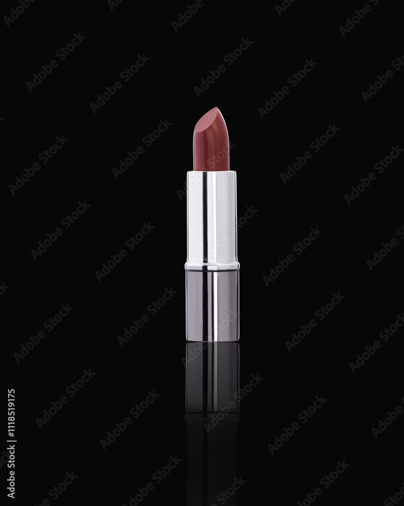 Nude lipstick with a silver casing displayed on a black reflective surface, showcasing an elegant and minimalistic design Nude lipstick with a silver casing displayed on a black reflective surface, showcasing an elegant and minimalistic design