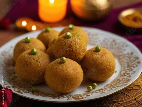 Besan laddus served on a plate. Cinematic photography in closeup photo