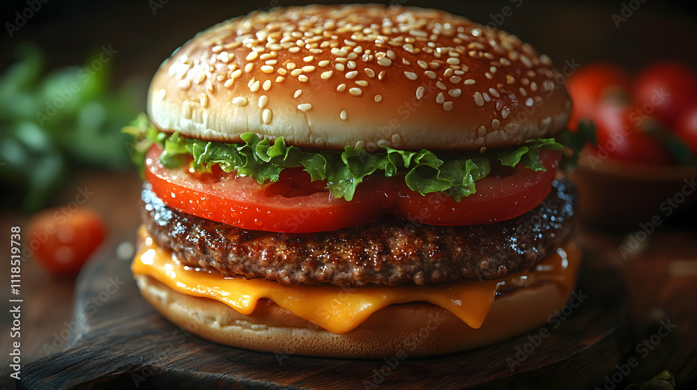 Cheeseburger with Lettuce and Tomato - Realistic Food Image Cheeseburger with Lettuce and Tomato - Realistic Food Image