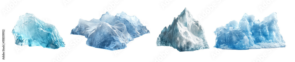 Obraz premium Pack Jagged Piece of Ice with a Cool Blue Hue Against a Transparent Background for Nature Photography, Ice Design, or Winter Concept set