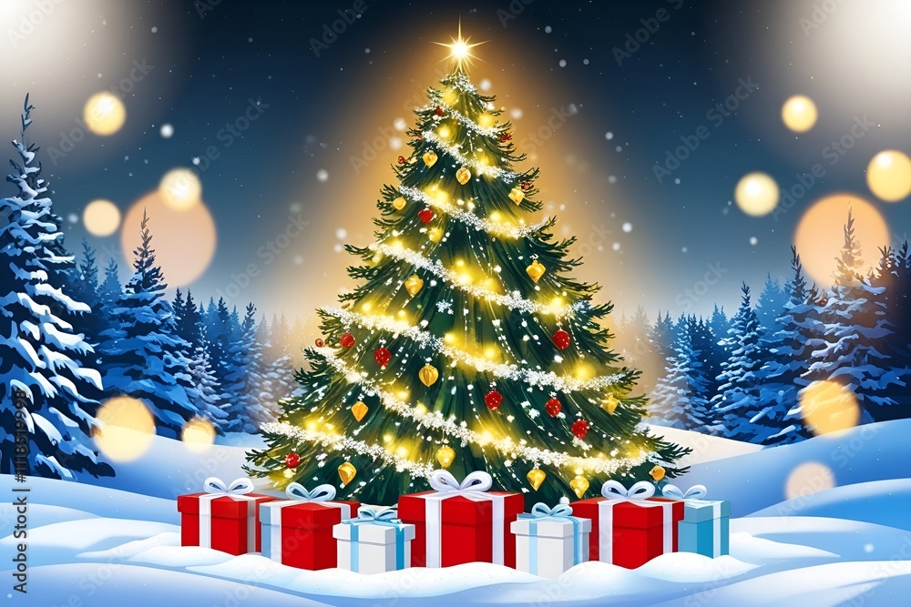 Christmas tree with present boxes in a winter landscape with snow Christmas tree with present boxes in a winter landscape with snow