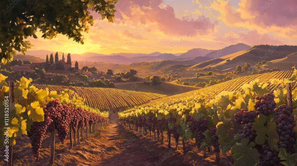 Naklejka premium Vibrant Sunset Over Serene Vineyard Landscape with Rolling Hills and Lush Grapevines