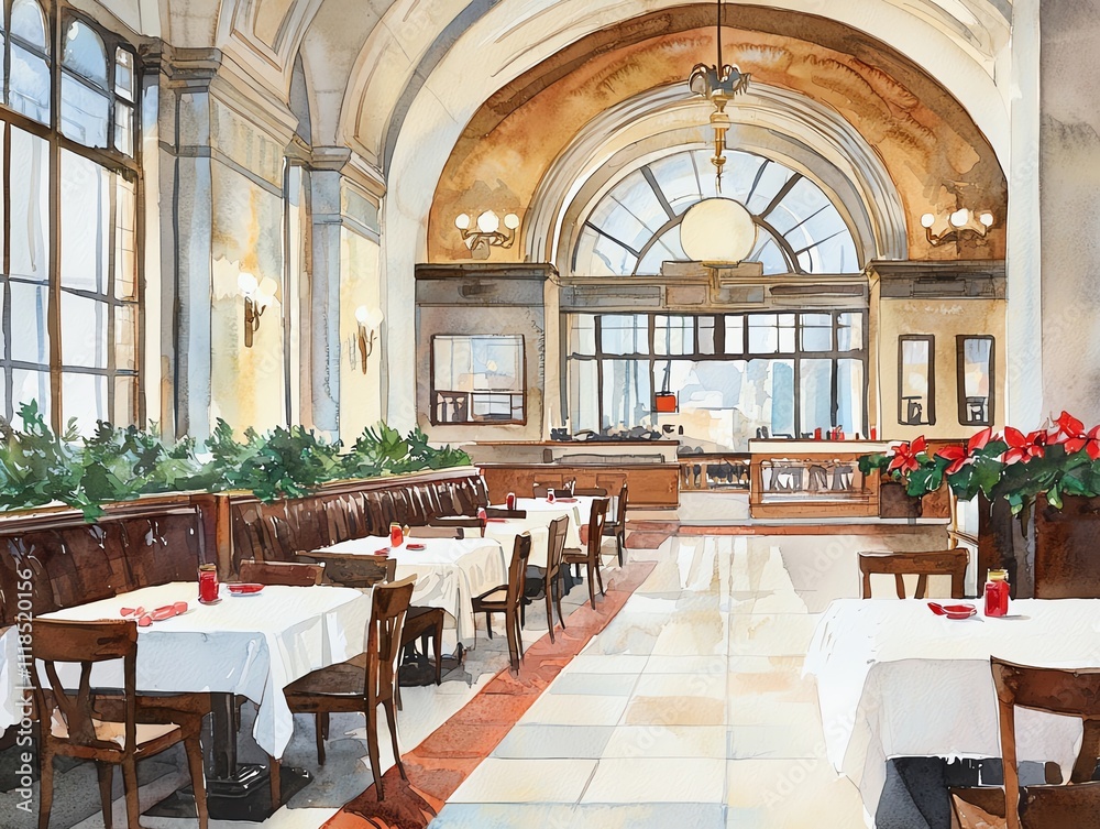 Elegant restaurant interior with wooden furniture, white tablecloths, and bright windows. Cozy atmosphere for dining. Elegant restaurant interior with wooden furniture, white tablecloths, and bright windows. Cozy atmosphere for dining.