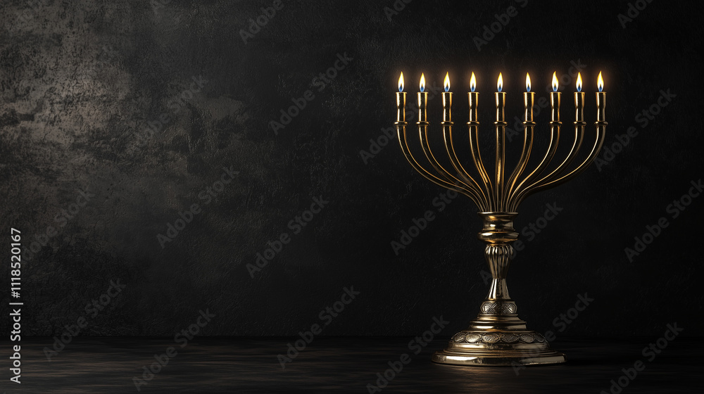 Traditional Menorah with burning candles isolated on black background for Hanukkah, Jewish holiday. Banner with copy space Traditional Menorah with burning candles isolated on black background for Hanukkah, Jewish holiday. Banner with copy space