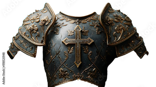 The Holy Knight: Armor of Christ. Medieval armor with ornate decorations, cross and floral motifs on black background.