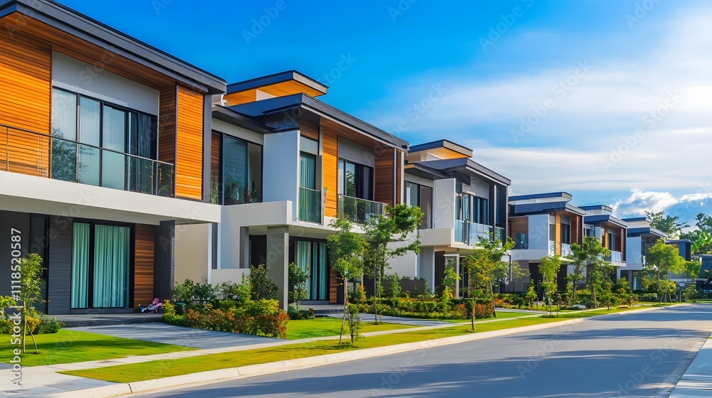 A row of modern New Zealand townhouses on the side of an empty road, with a white and grey asphalt surface A row of modern New Zealand townhouses on the side of an empty road, with a white and grey asphalt surface