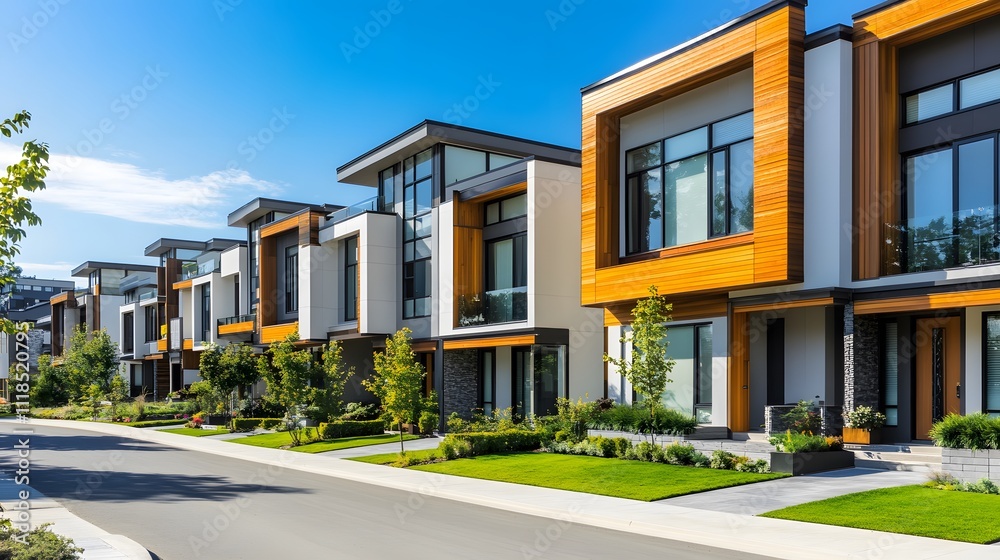 A row of modern New Zealand townhouses on the side of an empty road, with a white and grey asphalt surface A row of modern New Zealand townhouses on the side of an empty road, with a white and grey asphalt surface