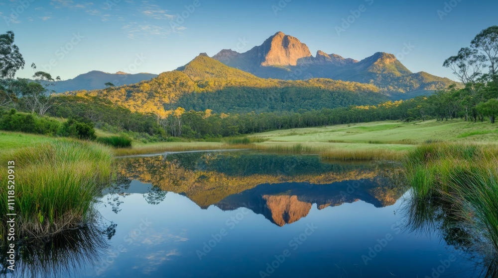 Majestic mountain landscape reflected in a serene lake surrounded by lush greenery and vibrant sunlight Majestic mountain landscape reflected in a serene lake surrounded by lush greenery and vibrant sunlight