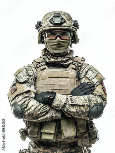 Camouflaged soldier, arms crossed, protective gear.