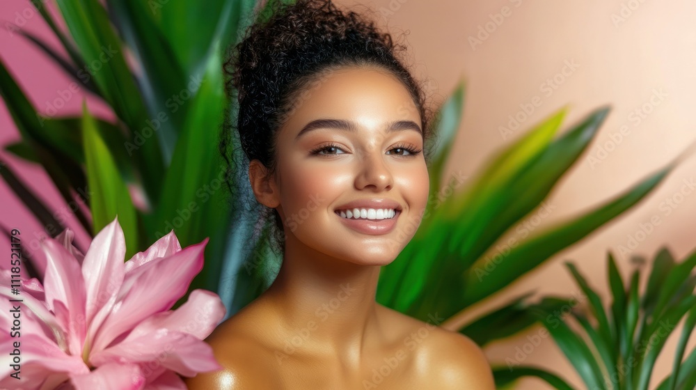 Fototapeta premium Radiant woman with floral elements and green backdrop