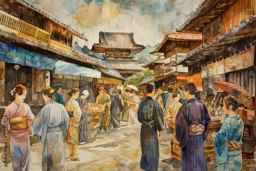 Wallpaper Mural Watercolor Depiction of a Traditional Japanese Marketplace Torontodigital.ca