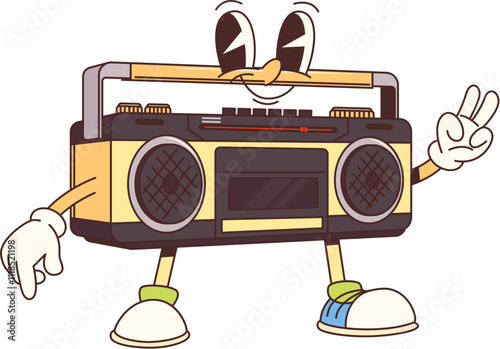 Groovy cartoon retro music player character with funny face, vector personage. Groovy cassette tape player with funky smile and hippie peace sign for disco music or travel and leisure character