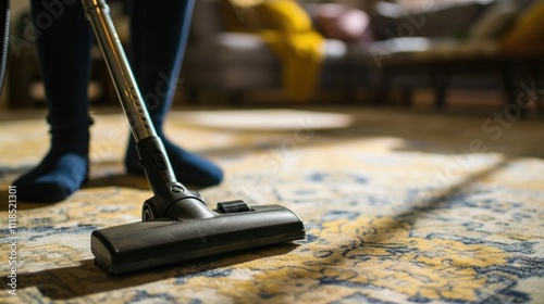 House Cleaning Woman Using Vacuum Cleaner on Carpets photo