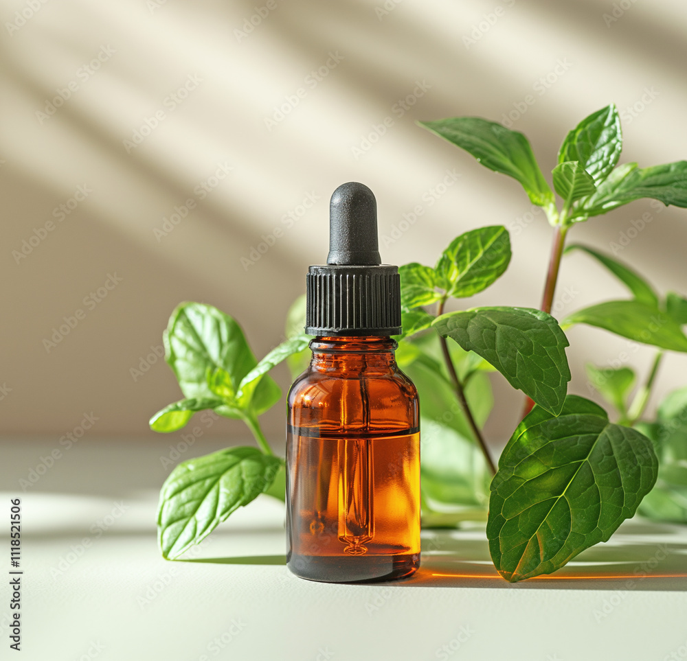 Cosmetic jar with a pipette with a mint branch on a light background Cosmetic jar with a pipette with a mint branch on a light background