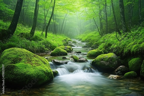 A gentle stream flowing through a forest with soft moss covered rocks, in Japanese print style